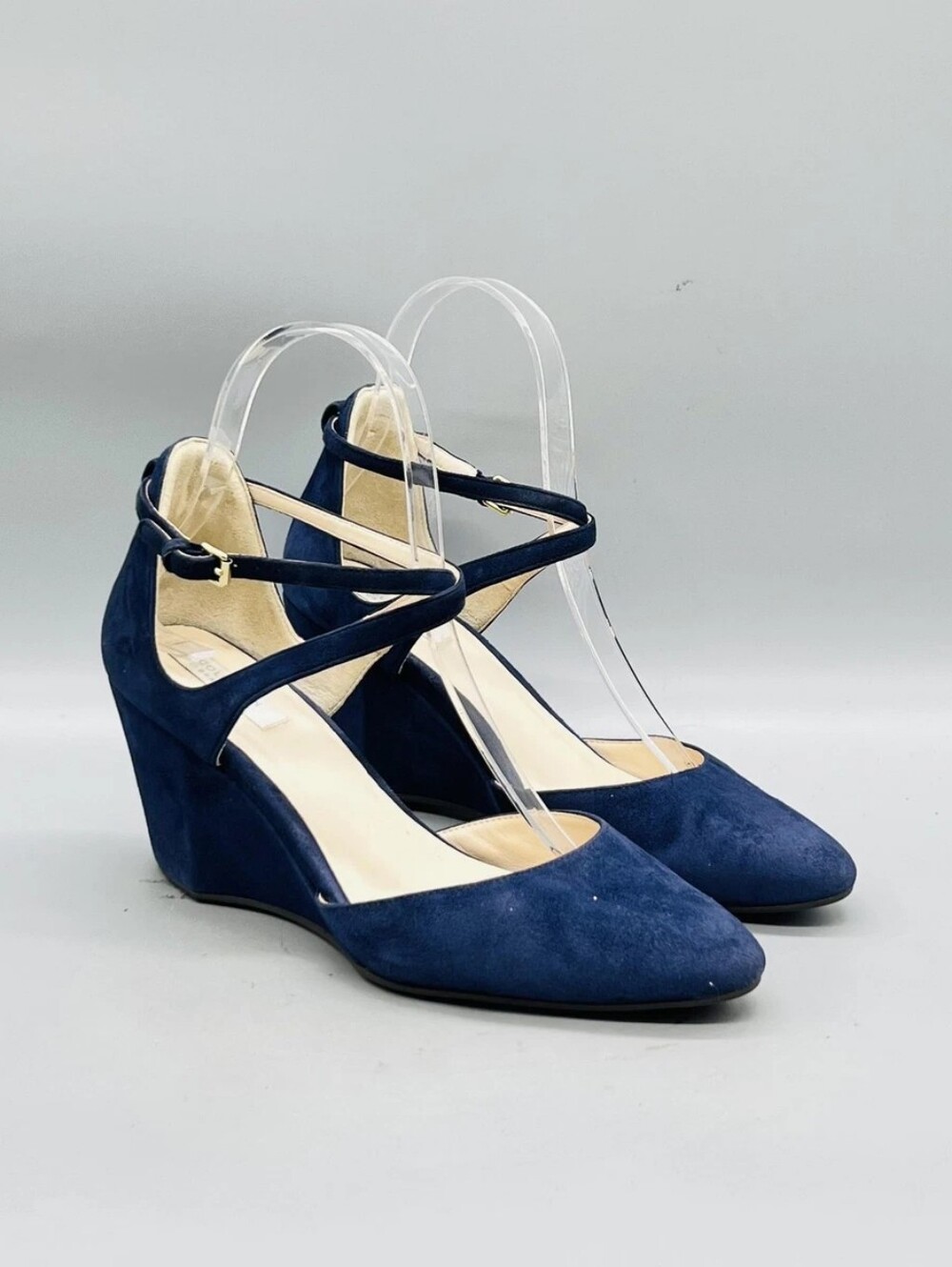 Cole Haan Blue Suede Lacey Ankle Strap Wedge Heel 6
